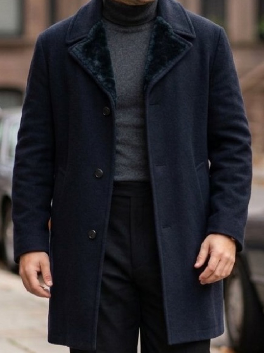 Vintage Men's Dark Navy Wool Car Overcoat Faux Fur Lined 3XL EUC